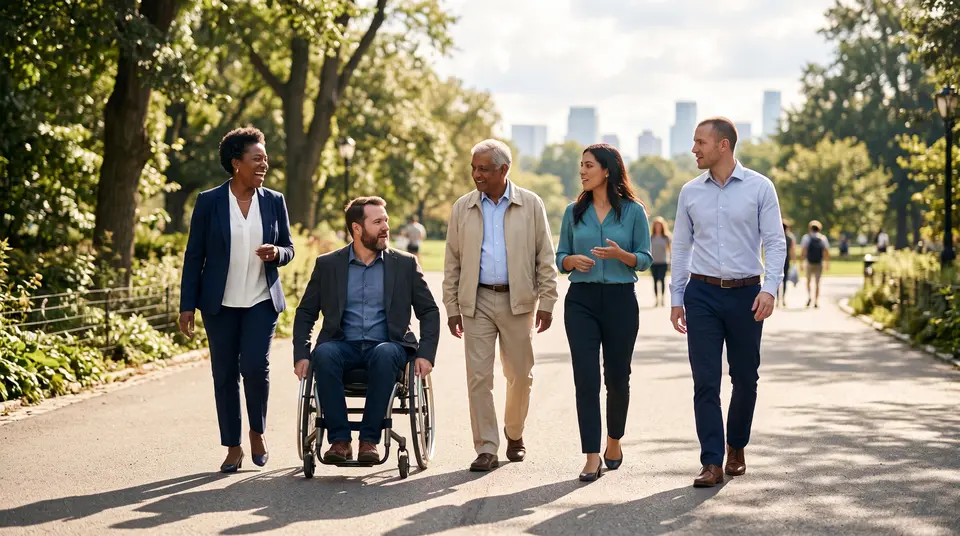 A diverse group moving together through a sunny park, including a wheelchair user.