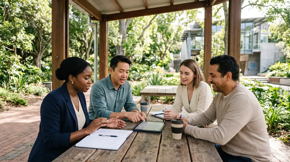 Colleagues discussing a digital workflow around a table in a sunny garden pavilion.
